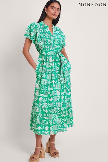 Monsoon Green Dario Print Dress (B29812) | £75