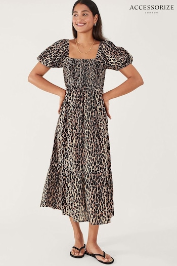 Accessorize Brown Leopard Print Shirred Puff Sleeve Dress (B29822) | £50