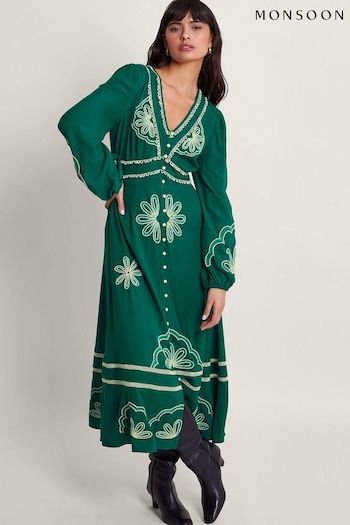 Monsoon Green Clio Embroidered Dress (B29891) | £99