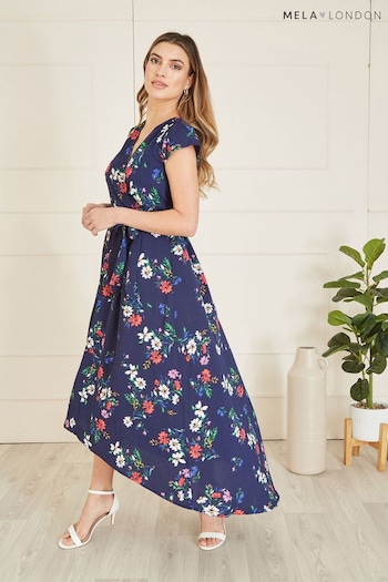 Mela Blue Daisy Print Wrap Over Midi Dress With Dipped Hem (B29930) | £45