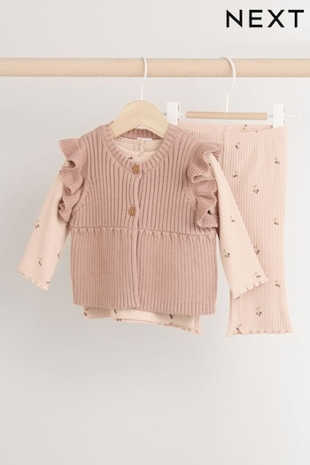 Rust Brown/ Beige Ditsy Print Baby 100% Cotton Long Sleeve Top Knitted Waistcoat and Leggings Set 3 Piece (0mths-2yrs) (B29982) | £18 - £20