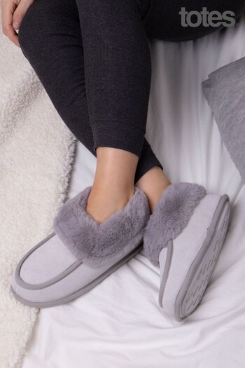 Totes Grey Ladies Isotoner Real Suede Moccasin Bootie Slippers (B30098) | £38