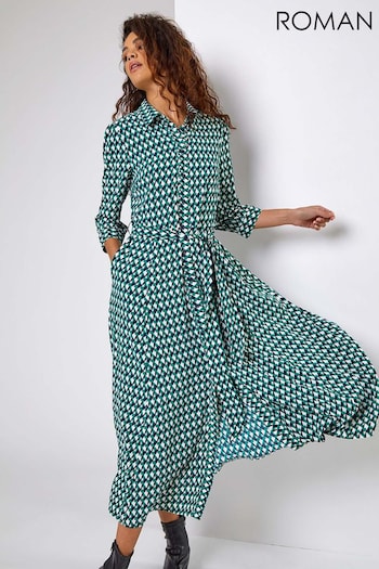Roman Green Geometric Print Tie Waist Midi Shirt Dress (B30194) | £45