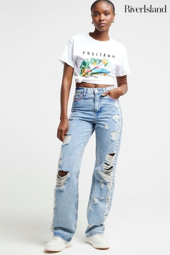 River Island Blue High Rise Relaxed Straight Ripped Jeans embroidered (B30652) | £55