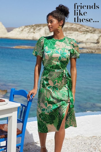 Trending: Mint Velvet Green Flutter Sleeve Printed Satin Midi Summer Dress (B30673) | £48