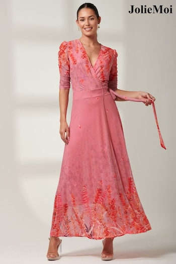 Jolie Moi Pink Kinley Print Wrap Mesh Maxi Cardin Dress (B30753) | £79