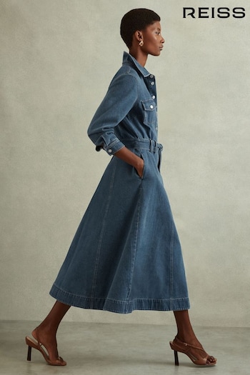 Reiss Indigo Elsa Belted Denim Midi Dress Jean (B30813) | £228