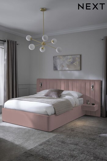 Soft Velvet Blush Pink Mayfair Upholstered Hotel Bed Frame with Ottoman Storage, Bedside Tables and Lights (B33030) | £1,199 - £1,399