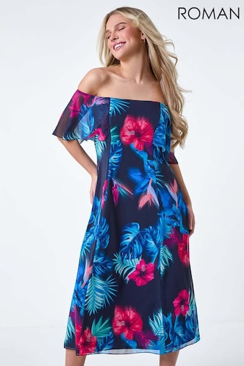 Roman Blue Tropical Floral Bardot Midi Dress (B33306) | £55