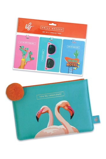 Emily Brooks Flamingo Pouch & Set of 3 Luggage Tags Set (B33688) | £26