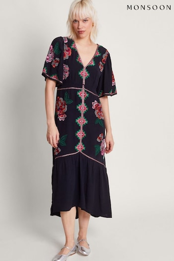Monsoon Black Everly Embroidered Tea Dress Fleece (B33779) | £110