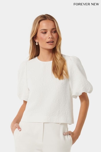 Forever New White Nara Textured Bubble Sleeves Top (B33834) | £45