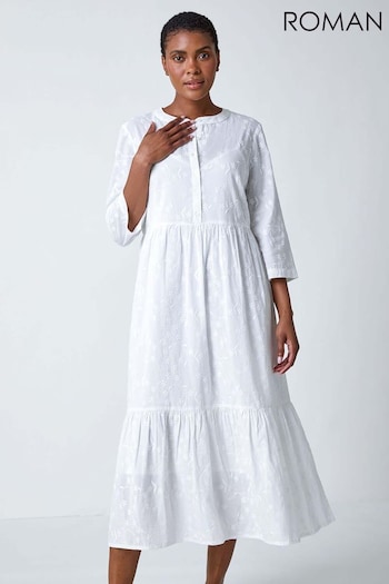 Roman White Embroidered Tiered Cotton Midi Dress (B34022) | £45