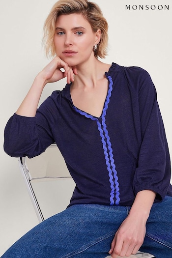 Monsoon Blue Lola Embroidered Linen Top (B34127) | £49