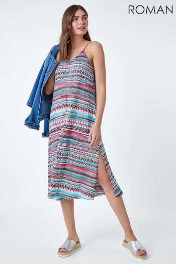 Roman Pink Aztec Stripe Stretch Pocket Midi Dress (B34258) | £36