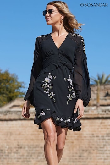 Sosandar Black Embroidered Floral Detail Ruffle Hem Dress (B34385) | £89