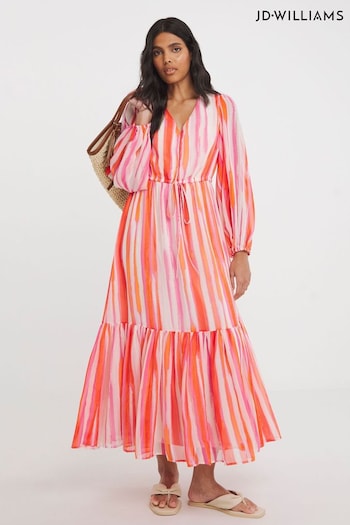 JD Williams Pink Stripe Printed Chiffon Balloon Sleeve Maxi toby Dress (B34404) | £38