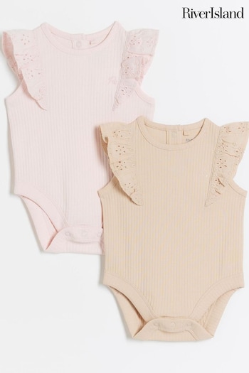 River Island Pink Baby Girls Multipack Rib Broderie Bodysuit (B34472) | £18