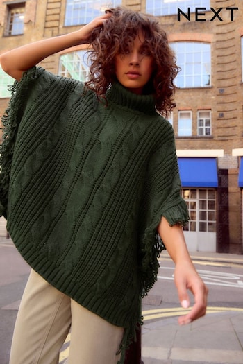 Green Khaki High Roll Neck Fringe Knitted Cape Cardigan With Wool (B34541) | £46