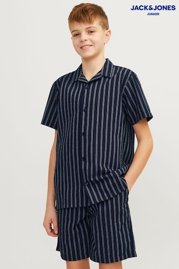 JACK & JONES JUNIOR Blue Stripe Seersucker Short Sleeve Revere Collar Shirt (B34549) | £22