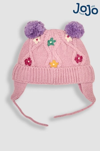 JoJo Maman Bébé Pink Floral Embroidered Cable Hat (B34704) | £0