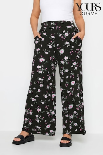 Yours Curve Black Daisy Print Wide Leg REMAIN Trousers (B34874) | £27