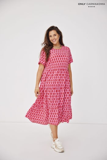 ONLY Curve Pink Printed Short Sleeve Tiered Maxi Dress (B35014) | £40