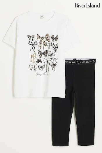 River Island White Girls Leopard Bow T-Shirt and Pedal Legging Ruffle-Sleeve Set (B35043) | £18