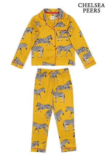 Chelsea Peers Yellow Kids Satin Mustard Zebra Print Long Pyjama Set (B35066) | £45