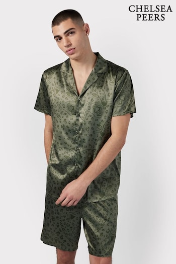 Chelsea Peers Green Satin Hidden Leopard Print Short Pyjama Set (B35068) | £75