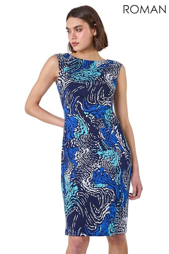 Roman Blue Textured Wave Print Shift Stretch Dress (B35388) | £42