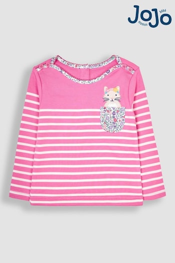 JoJo Maman Bébé Fuchsia Pink Cat Cotton Long Sleeve Pocket Breton Top (B35648) | £16