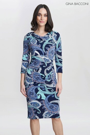 Gina Rodriguez Bacconi Blue Alyssa Printed Jersey Cowl Neck Dress (B35928) | £120