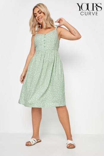 Yours Curve Green Navy Ditsy Floral Print Strappy Sundress Jeans (B35959) | £29