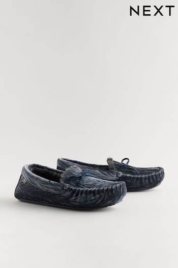 Navy Jaquard Velvet Moccasin Faux Fur Lined Slippers (B36032) | £20