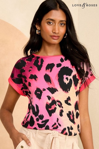 Love & Roses Pink Ombre Animal Crew Neck Woven Trim Linen Look Jersey T-Shirt (B36126) | £25