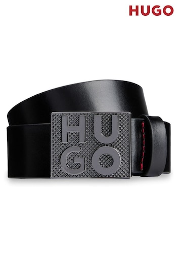 HUGO Italian-Leather Black Belt With Stacked-Logo Plaque Buckle (B36514) | £79