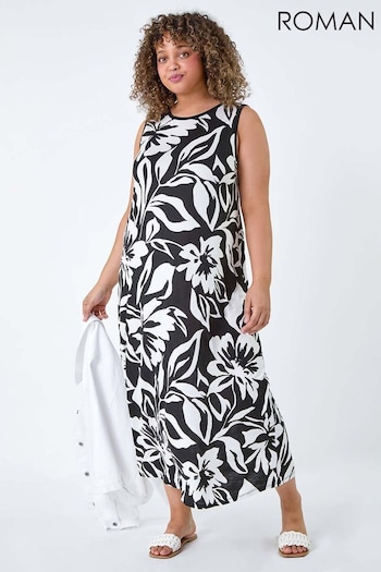 Roman Black Floral Print Stretch Maxi Dress (B36762) | £36
