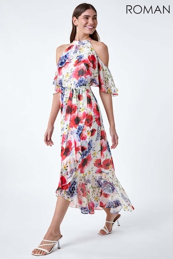 Roman White Poppy Floral Frill Halterneck Dress (B36864) | £65