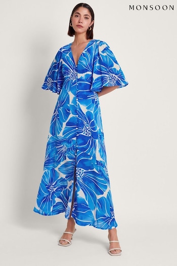 Monsoon Blue Maura Floral Tea Dress Logo (B36872) | £110