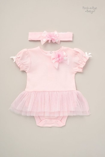 Rock-A-Bye Baby Boutique Pink Ribbon Detail Bodysuit & Headband Outfit Set (B36936) | £16