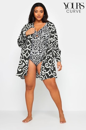 Yours Curve Black Abstract Print Crinkle Beach Shirt (B36946) | £28