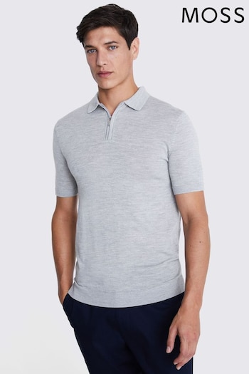 MOSS Light Grey Merino Quarter Zip Polo Shirt (B36964) | £50