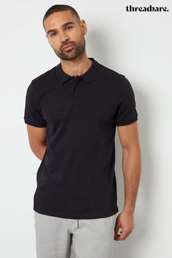 Threadbare Black Cotton Polo Shirt With Herringbone Detail Collar (B37025) | £20