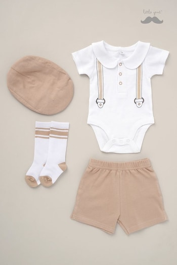 Little Gent Natural Printed Bodysuit Linen Shorts Flat Cap And aus Outfit Set (B37095) | £20