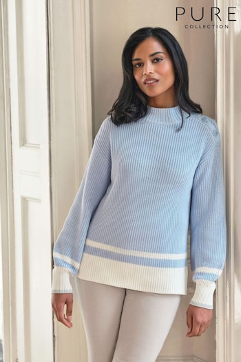 Pure Collection Blue Cotton Button Shoulder Sweater (B37323) | £99