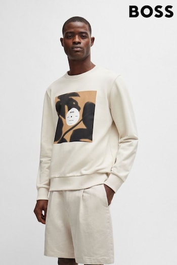 BOSS White Cotton-Terry Relaxed-Fit Sweatshirt With Seasonal Artwork (B37325) | £189
