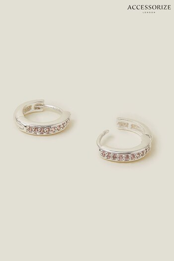 Accessorize Pink Sterling Silver Sparkle Huggie Hoops Earrings (B37341) | £16
