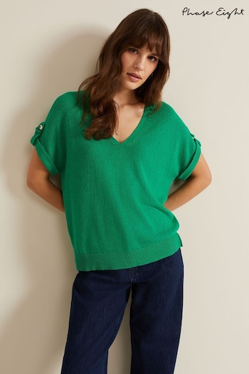 Phase Eight Green Laura Linen Metal Button Tab Top (B37443) | £79