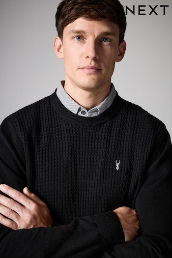 Black Mini Cable Crew Neck Regular 100% Cotton Mock Shirt Jumper (B37480) | £42